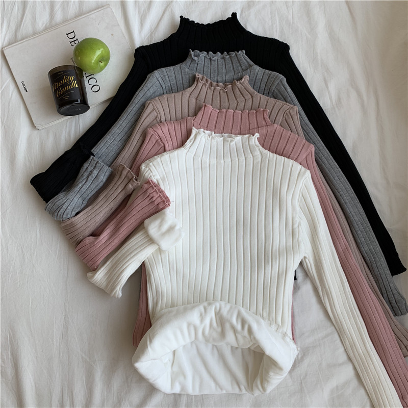 Real shot real price Plush thickened long sleeve half high collar show thin Pullover warm bottoming sweater knitwear