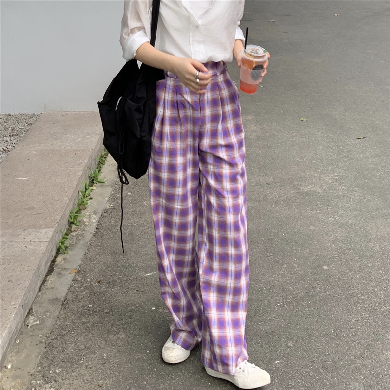 Real price fashion versatile Purple Plaid contrast loose suit floor pants casual pants