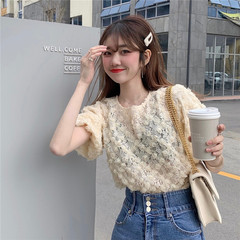 實拍實價泡泡袖襯衫女設計感蕾絲花朵網紗寬鬆短款上衣