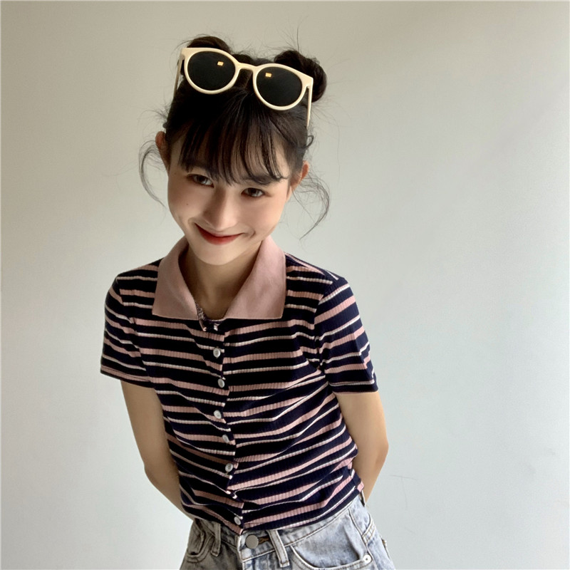 Real shot and real price hot collar short style thread slim fit small short sleeve T-shirt