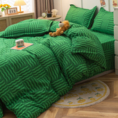 网红橄榄绿色波纹床上四件套小清新裸睡单人床学生宿舍三件套1.5m