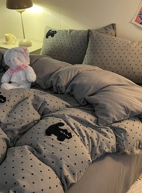 耐脏不起球灰色波点猫床上四件套被套床笠超柔学生宿舍寝室三件套
