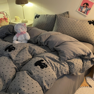 耐脏不起球灰色波点猫床上四件套被套床笠超柔学生宿舍寝室三件套