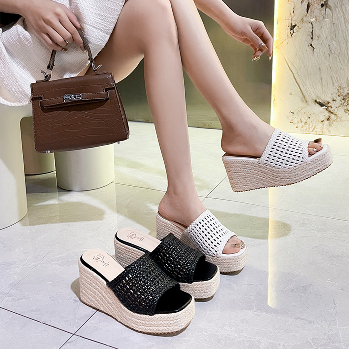2026新款麻绳厚底坡跟凉拖鞋女外穿时尚镂空防水台增高高跟一字拖,女鞋,一字拖,淘宝优惠券,粉丝福利购,淘宝优惠卷