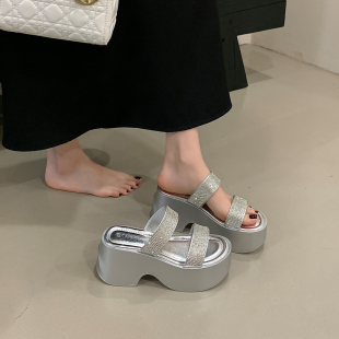 小个子增高拖鞋 松糕厚底凉拖鞋 水钻一字带坡跟凉鞋 新款 女外穿夏季
