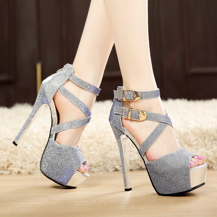 14cm细跟超高跟凉鞋夜店性感防水台交叉绑带鱼嘴鞋皮带扣时尚女鞋