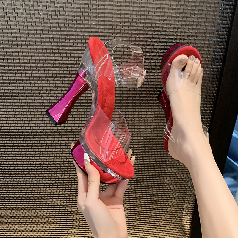 14CM粗跟超高跟鞋夜店性感防水台厚底透明一字带模特走秀凉拖鞋女