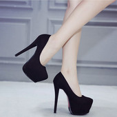 黑色超高跟鞋 夜店女鞋 15CM细跟单鞋 防水台宴会恨天高浅口性感婚鞋
