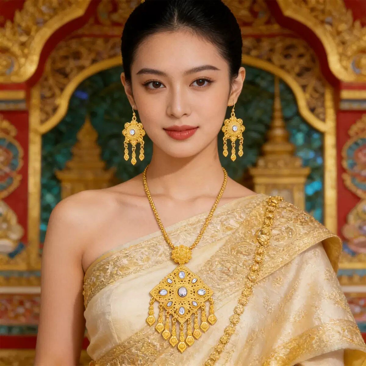 云南民族风金色首饰套装少数民族合金流苏吊坠耳环项链两件套配饰