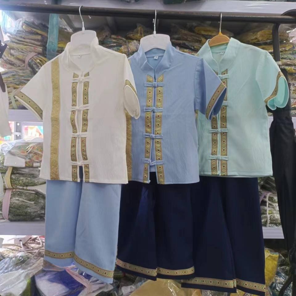 西双版纳傣族民族服装新款男童新中式盘扣短袖六一舞台表演服套装