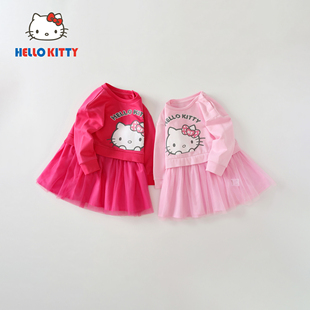HelloKitty童装女童长袖连衣裙春秋可爱百搭网 棉质圆领公主裙