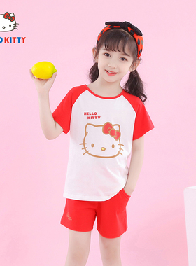 HelloKitty童装夏季女童薄款可爱棉质短袖短裤两件套装