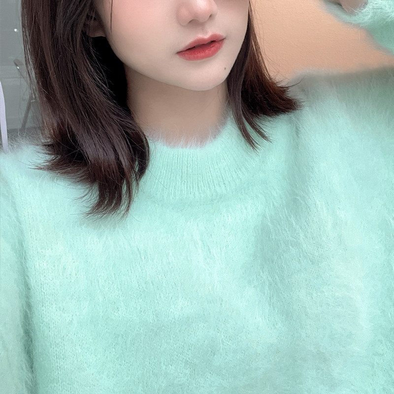秋冬新款长毛水貂绒毛衣女针织衫宽松圆领貂绒衫加厚外穿小清新