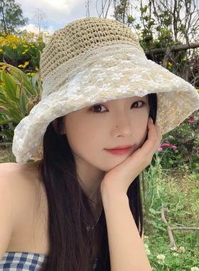 蕾丝花朵大草帽海边沙滩女士渔夫帽防晒防紫外线遮阳系带蕾丝草帽