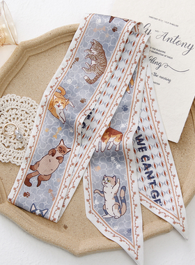 Date35th原创 猫咪插画丝巾小长条飘带丝带绑包扎发夏季日系领巾