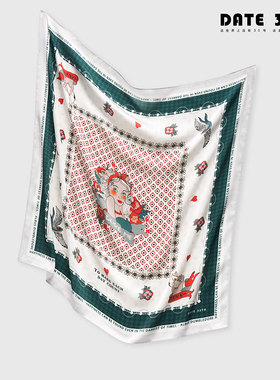 Date35th原创爱丽丝奇境方巾高级感森林绿调百搭装饰领巾披肩围巾