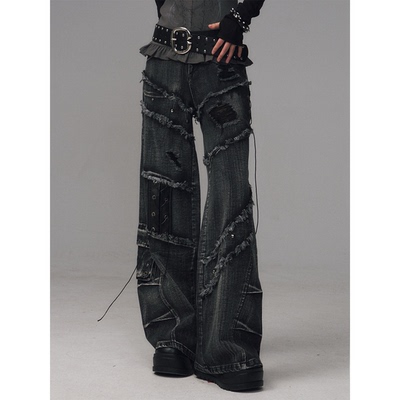 失落后花园街头朋克重工绑带毛边水洗做旧铆钉长裤宽松阔腿牛仔裤