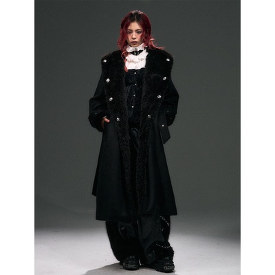 失落后花园暗黑宫廷风朋克大毛领宽松系带廓形长款羊毛呢大衣外套