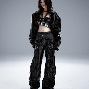 失落后花园原创小众重工金属装饰皮裤朋克街头直筒工装裤垂感长裤