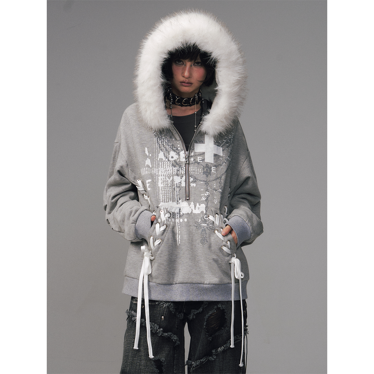 失落后花园轻亚绑带印花半开襟拉链可拆卸大毛领加绒连帽卫衣外套