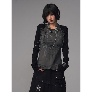 失落后花园轻亚蝴蝶结花边印花弹力修身插肩长袖T恤女针织打底衫