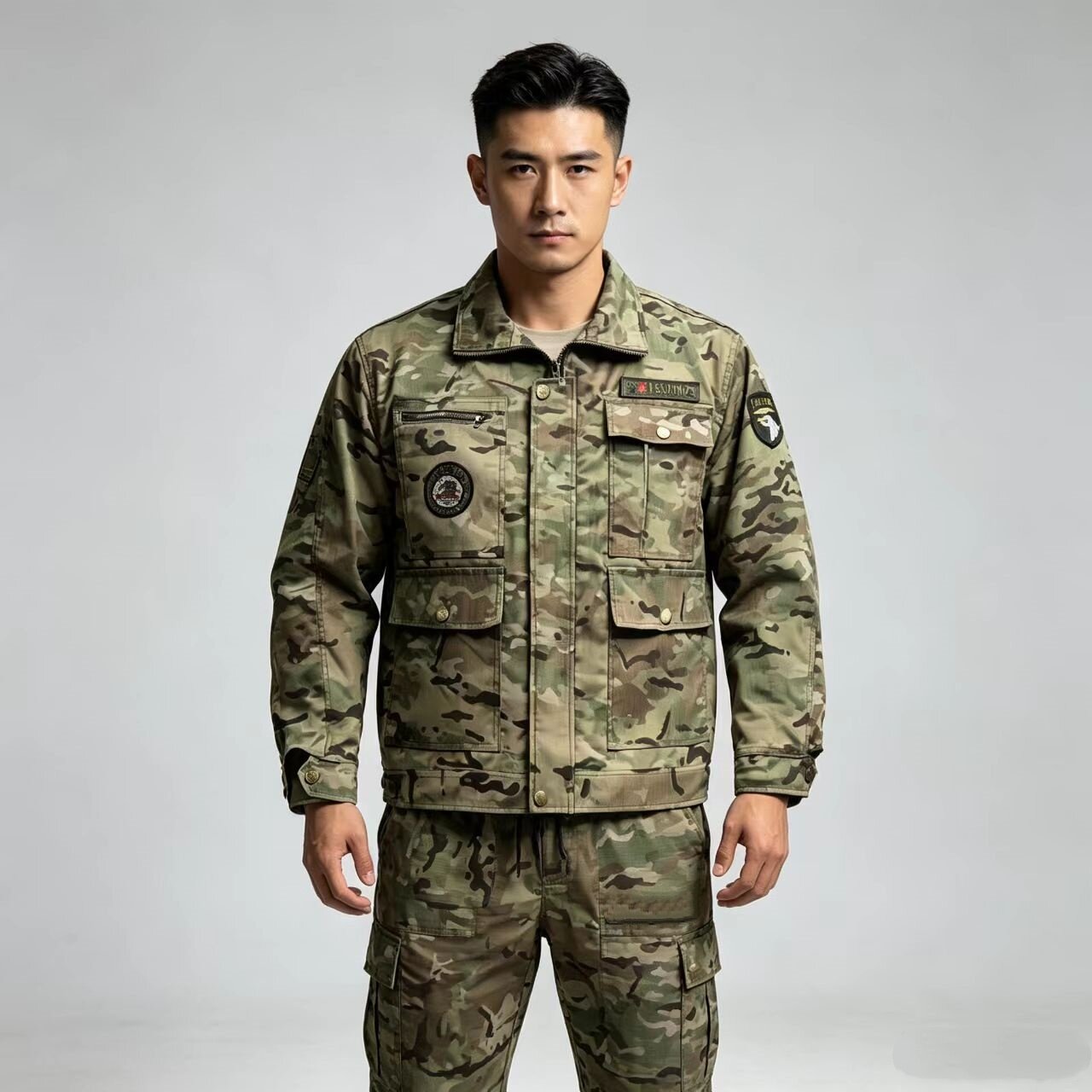 男士网格弹力迷彩工装套装宽松多口袋耐磨劳保服工地干活军训全套