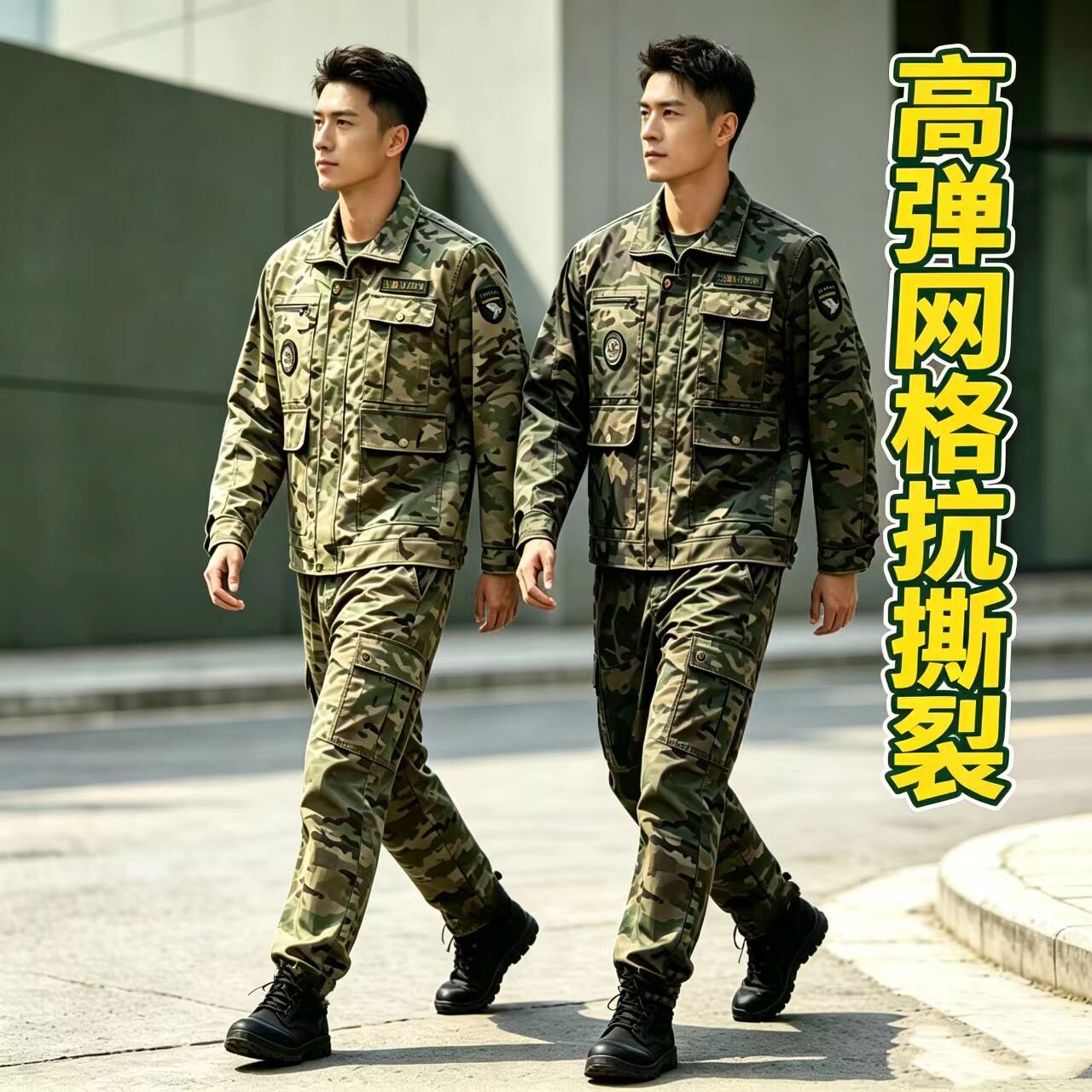 男士网格弹力迷彩工装套装宽松多口袋耐磨劳保服工地干活军训全套