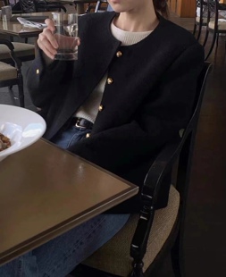 韩国正品 LEROBE1082501 日本进口羊毛65 %粗花呢气质金扣外套