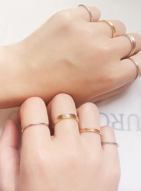 韩国纯银光面线条玫瑰金戒指