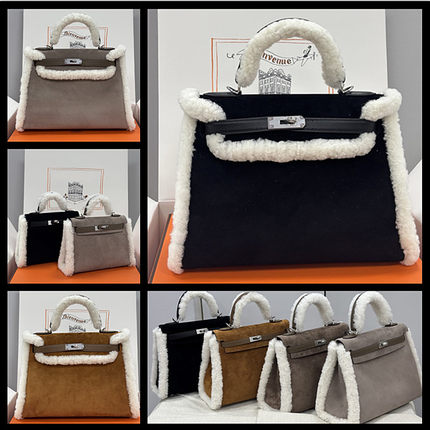 裴格H家全手工手缝原版swift鹿皮泰迪teddy凯莉包拼兔毛铂金包