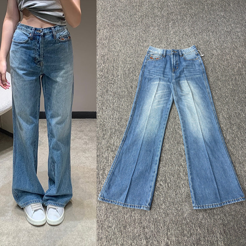 蓝色牛仔裤女高腰微喇宽松休闲