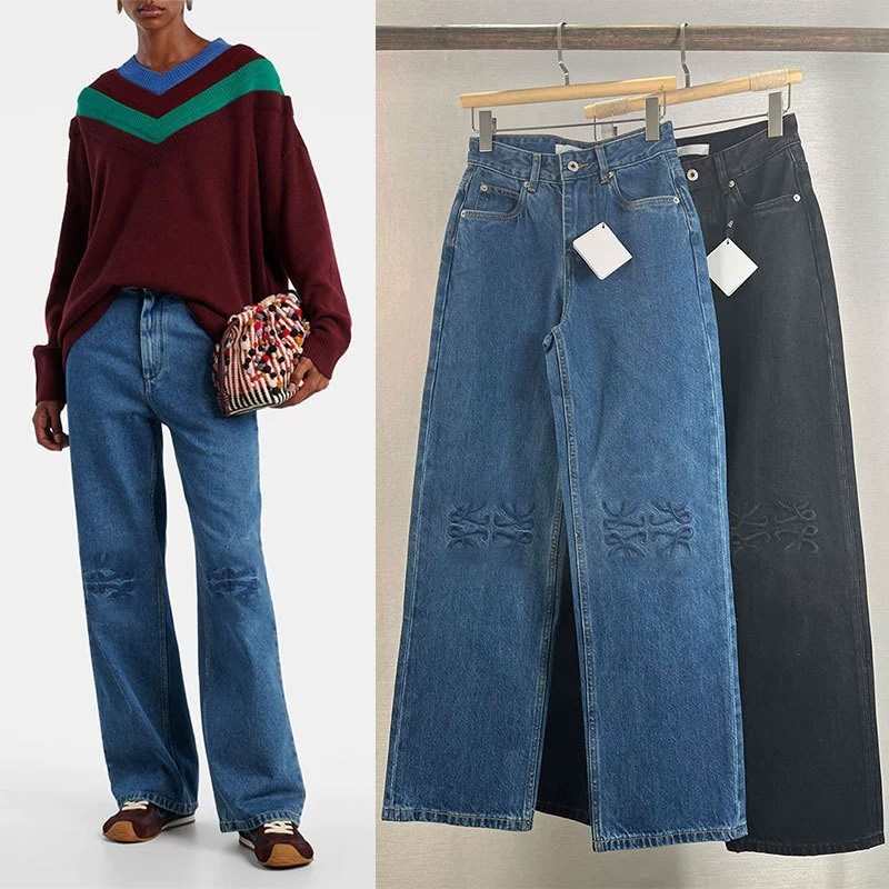 膝盖刺绣个性直筒牛仔拖地长裤女