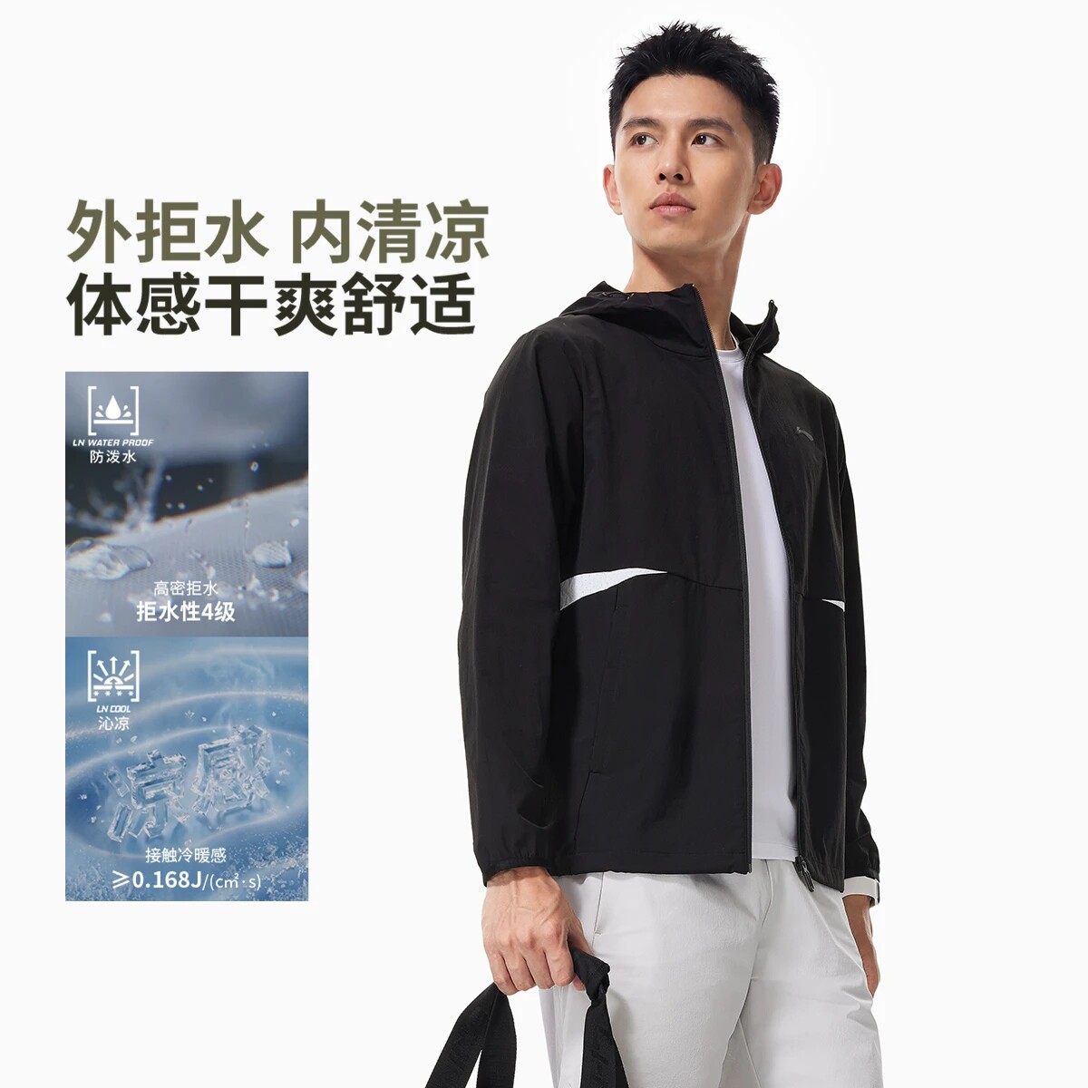 李宁男子防泼水连帽外套冰感舒适健身系列运动休闲风衣AFDW913图片