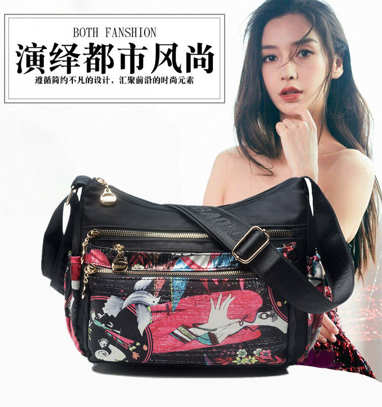 中年女士妈妈牛津布休闲轻便多层口袋印花布单肩包老人旅游斜挎包