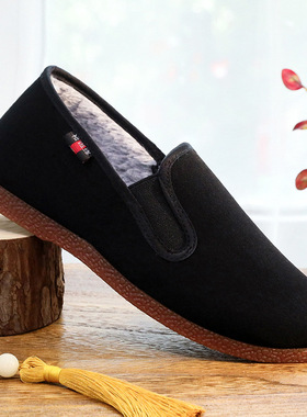 老北京布鞋男士棉鞋加绒加厚保暖仿兔绒男鞋牛筋底防滑黑色休闲鞋