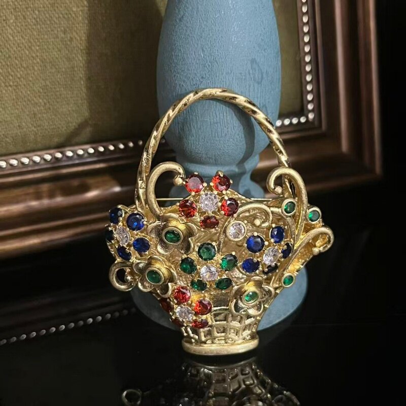 中古vintage复古镶彩钻花篮胸针 时尚轻奢胸花别针饰品图片