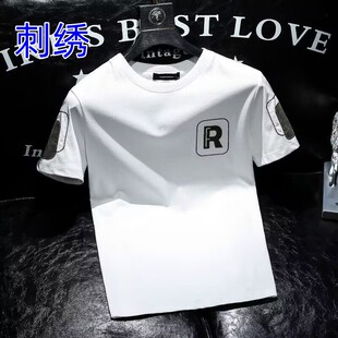 卡通刺绣短袖白t恤男夏季快手网红百搭半袖衣服精神小伙网红体恤
