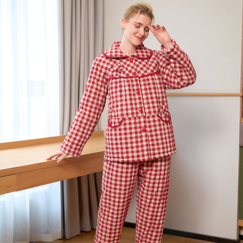 麦可将女士里外全棉格子长袖睡衣