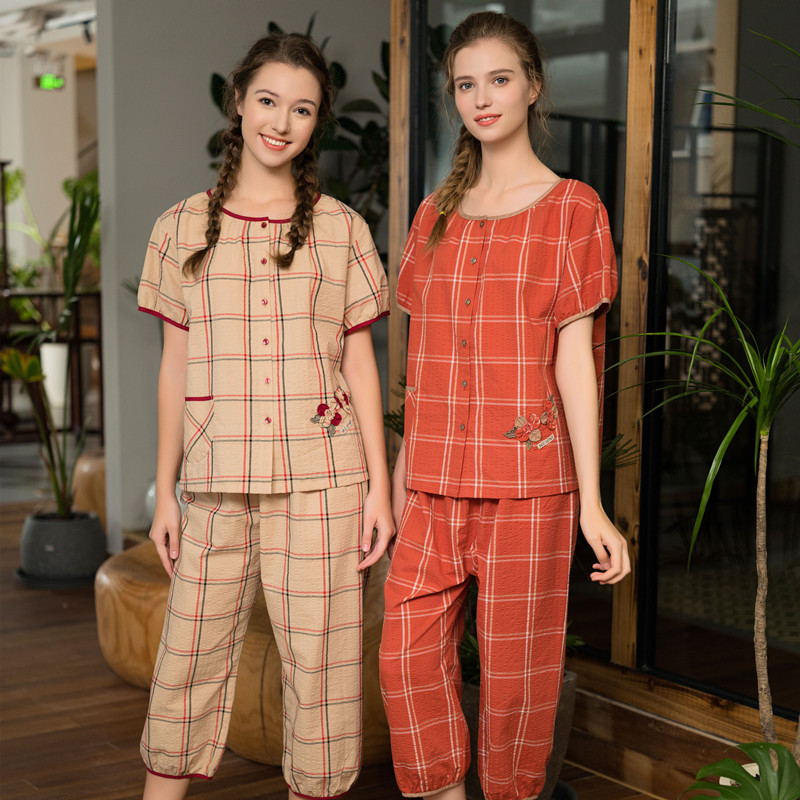 麦可将2025夏女款纯棉圆领开衫短袖八分裤格子家居服睡衣套装2578