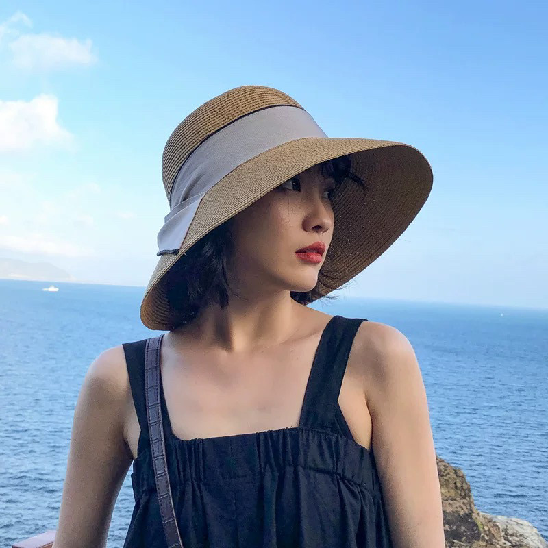 ins款草帽女夏季可折叠沙滩帽遮脸遮阳帽蝴蝶结渔夫帽太阳帽盆帽
