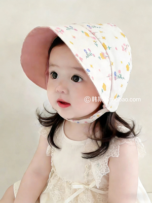 宝宝帽子春夏新款韩版碎花洋气大檐宫廷帽儿童双面戴遮阳帽防晒帽