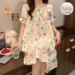 夏季 带胸垫睡裙女卡通甜美蝴蝶结连衣裙家居服 云朵棉薄款 宽松短袖