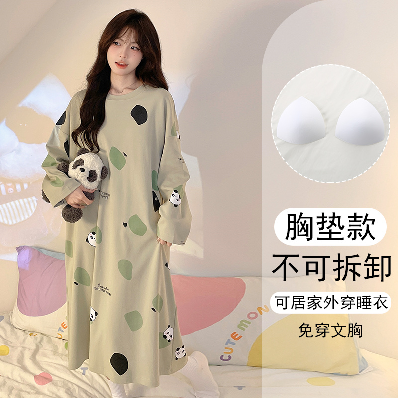 带胸垫睡裙女2025新款春秋季圆领长袖卡通可爱风薄款连衣裙家居服