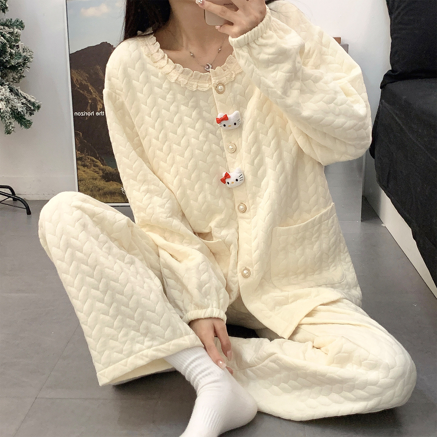 春秋季空气棉夹层KT猫开衫睡衣女