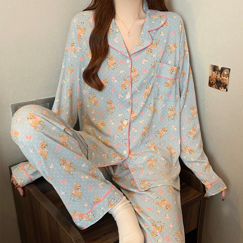 春秋季云朵棉开衫睡衣女长袖套装