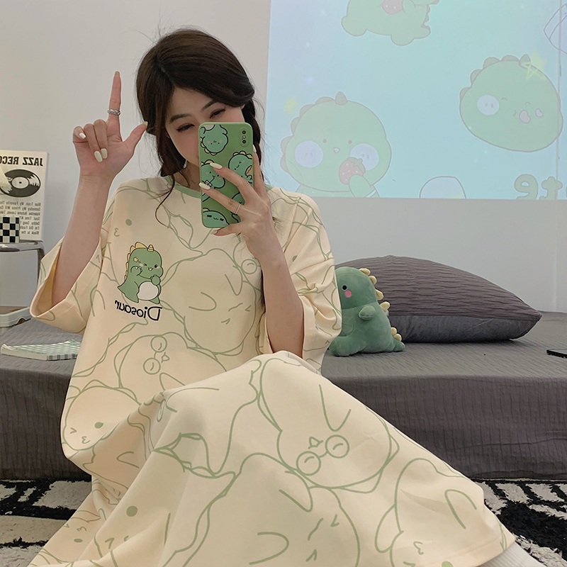 韩版卡通睡裙女款夏天短袖纯棉可爱中长款连衣裙休闲大码孕妇睡衣
