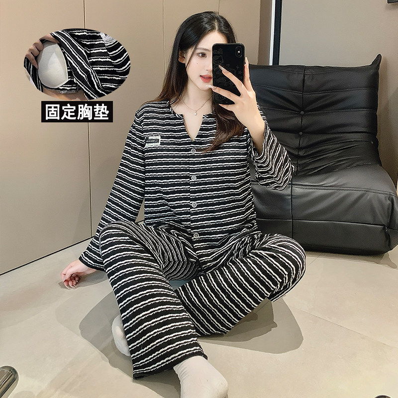 韩系ins风休闲简约条纹睡衣女春秋新款开衫长袖带胸垫家居服套装