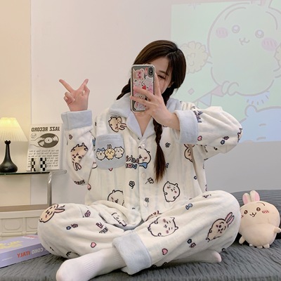 卡通可爱法兰绒开衫睡衣女冬季