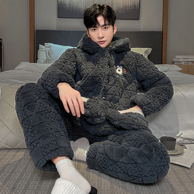 冬季新款三层夹棉连帽开衫男士睡衣卡通简约休闲可外穿家居服套装