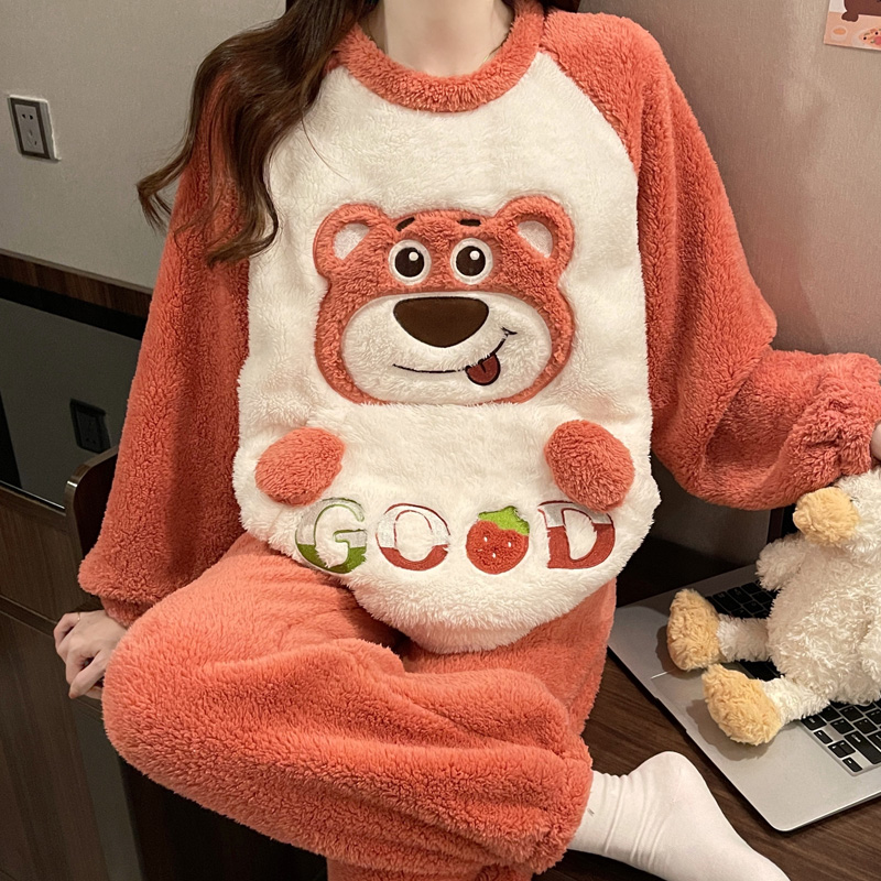 加厚珊瑚绒睡衣女法兰绒家居服